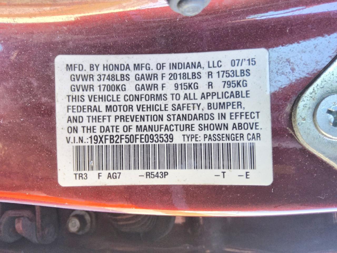 2015 Honda Civic Lx Burgundy vin: 19XFB2F50FE093539