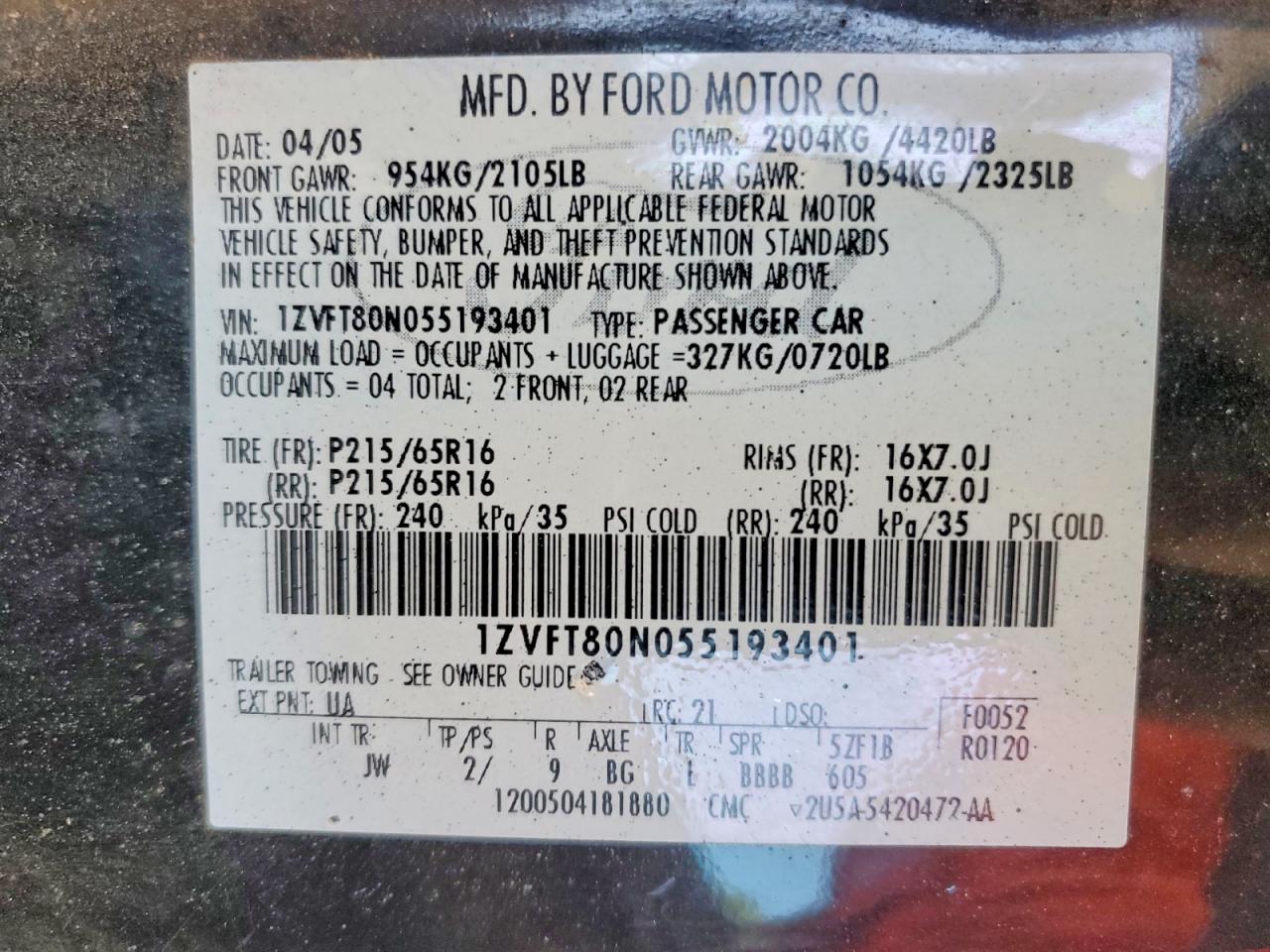 2005 Ford Mustang Черный vin: 1ZVFT80N055193401