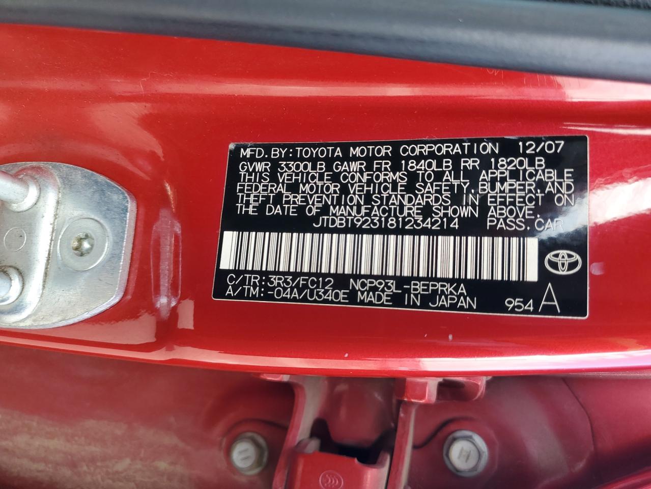 2008 Toyota Yaris Красный vin: JTDBT923181234214