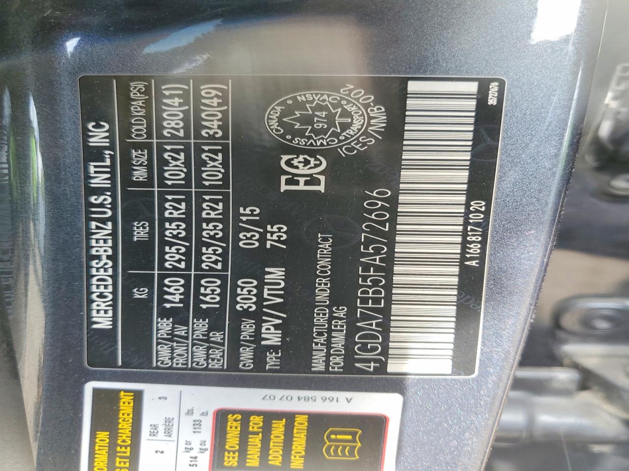 2015 Mercedes-benz Ml 63 Amg Charcoal vin: 4JGDA7EB5FA572696