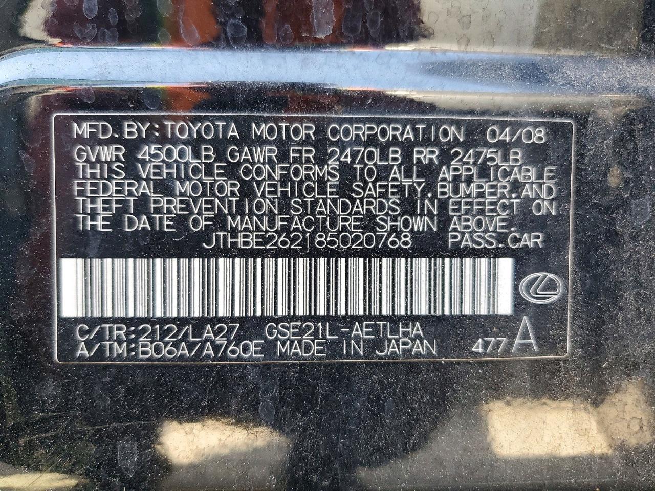 2008 Lexus Is 350 Black vin: JTHBE262185020768