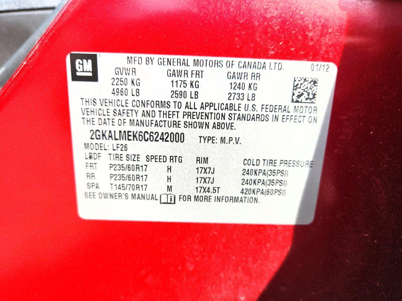 2012 Gmc Terrain Sle Red vin: 2GKALMEK6C6242000