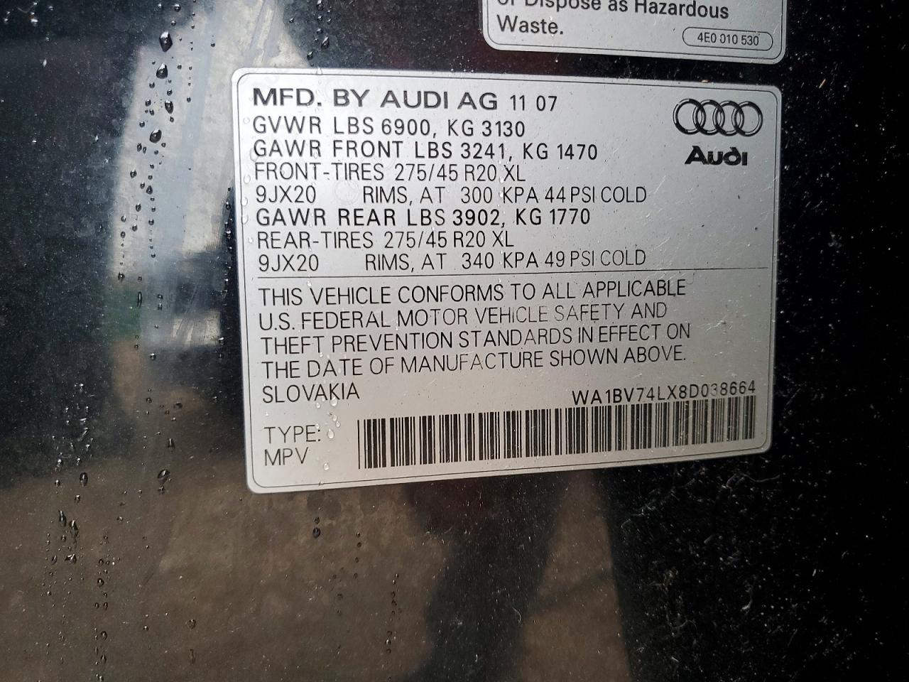 2008 Audi Q7 4.2 Quattro Premium Black vin: WA1BV74LX8D038664
