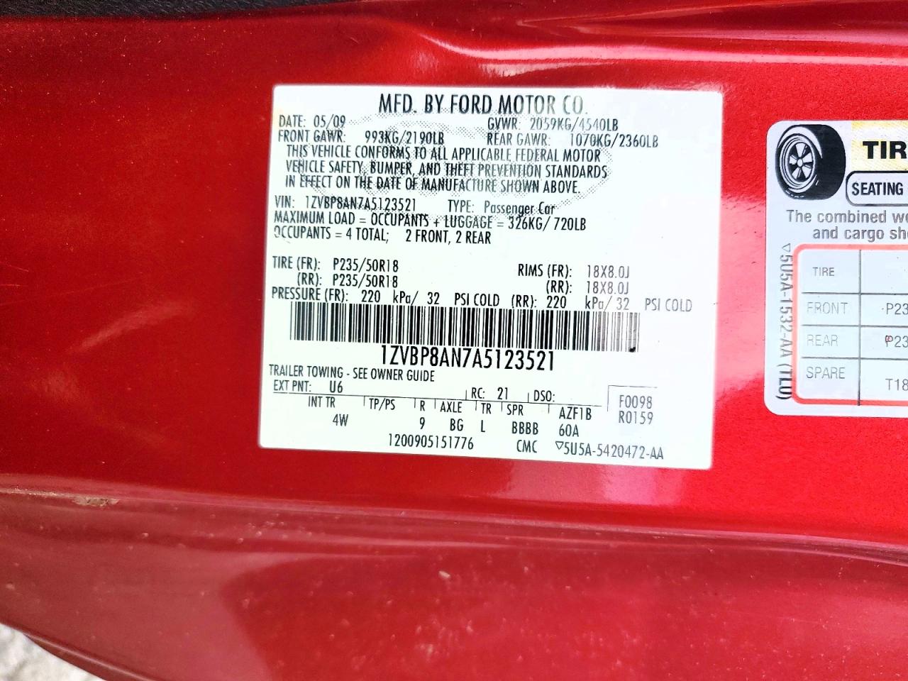 2010 Ford Mustang Red vin: 1ZVBP8AN7A5123521