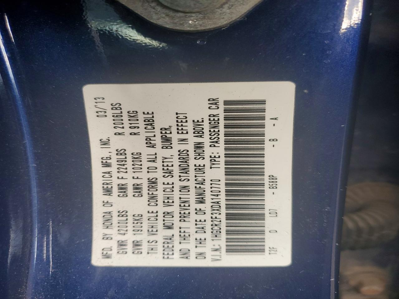 2013 Honda Accord Lx Blue vin: 1HGCR2F3XDA140770