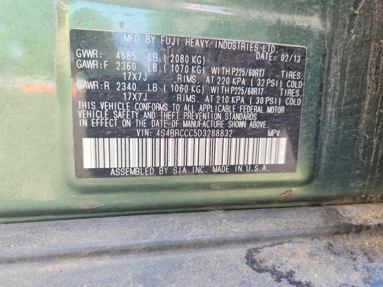 2013 Subaru Outback 2.5i Premium Green vin: 4S4BRCCC5D3288832