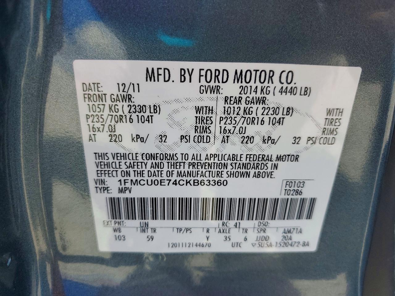 2012 Ford Escape Limited Blue vin: 1FMCU0E74CKB63360