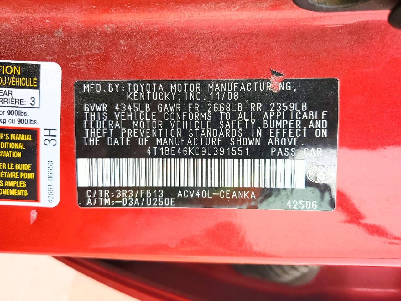 2009 Toyota Camry Le Red vin: 4T1BE46K09U391551
