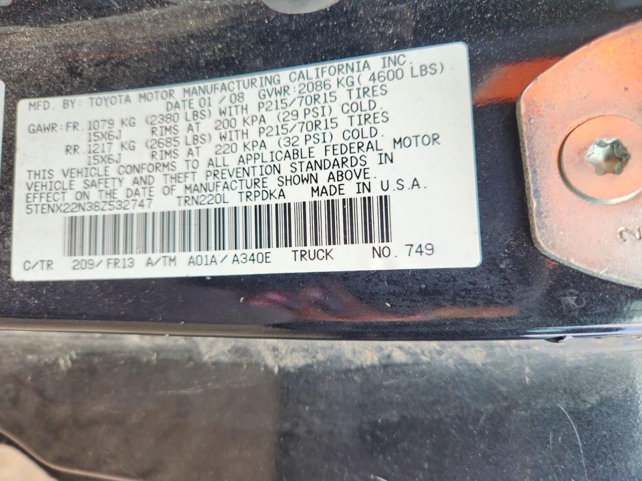 2008 Toyota Tacoma Base Black vin: 5TENX22N38Z532747