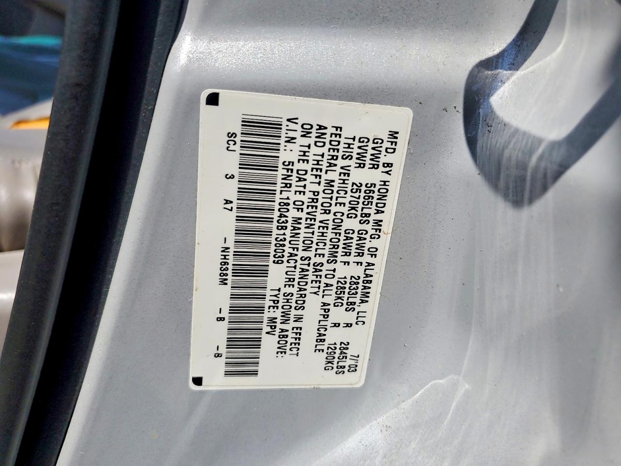 2003 Honda Odyssey Exl Silver vin: 5FNRL18043B138039