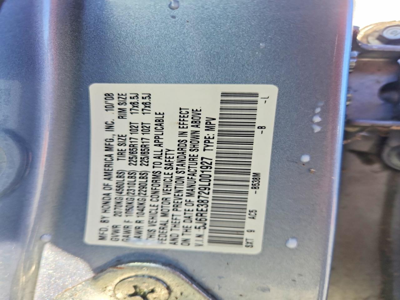 2009 Honda Cr-v Exl Silver vin: 5J6RE38729L001927