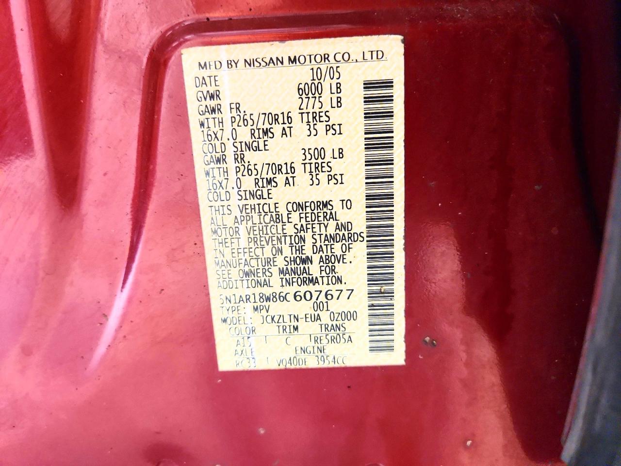2006 Nissan Pathfinder S Red vin: 5N1AR18W86C607677