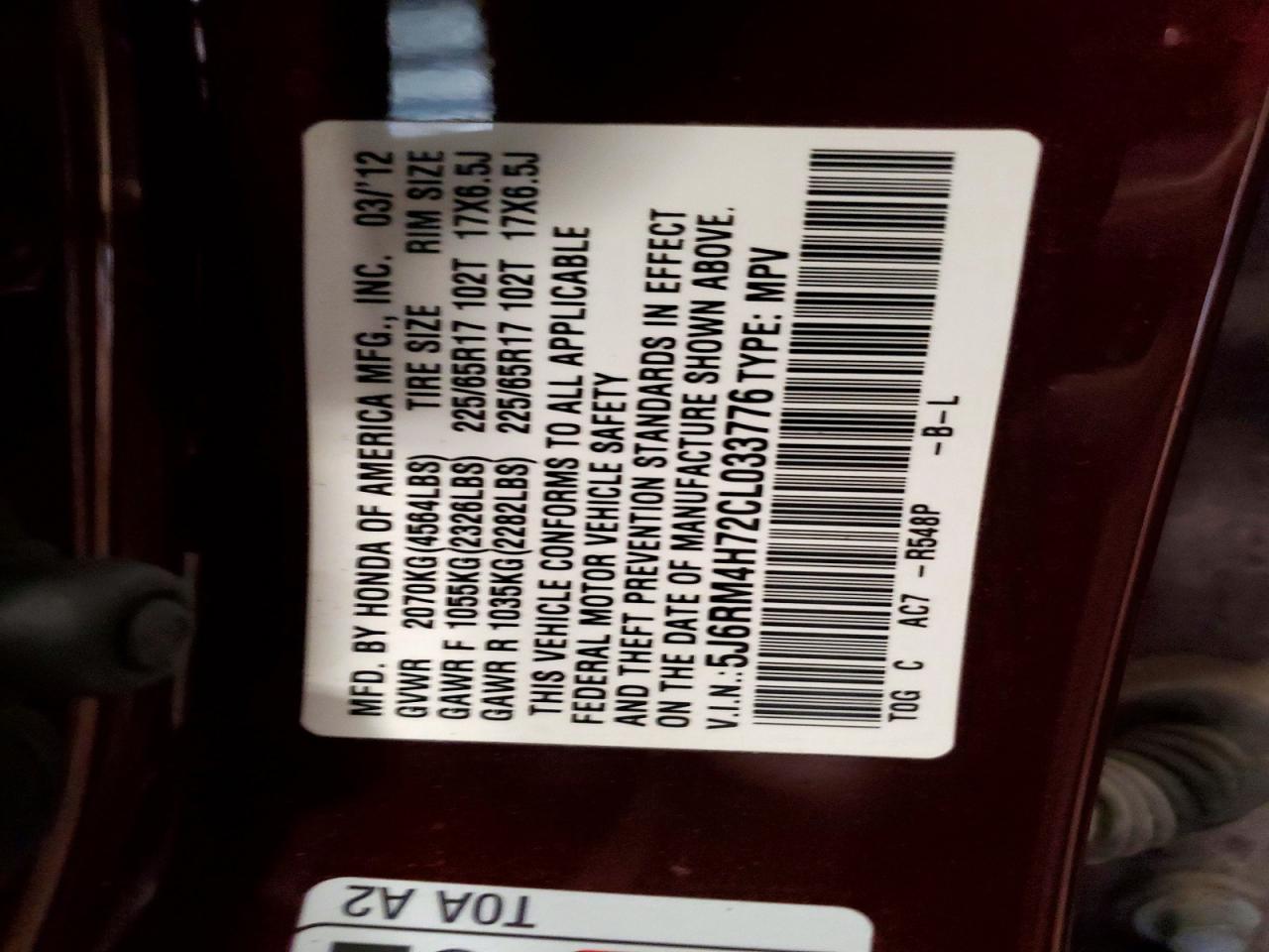2012 Honda Cr-v Exl Burgundy vin: 5J6RM4H72CL033776