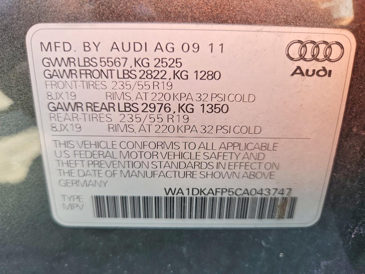 2012 Audi Q5 Premium Plus Серый vin: WA1DKAFP5CA043747