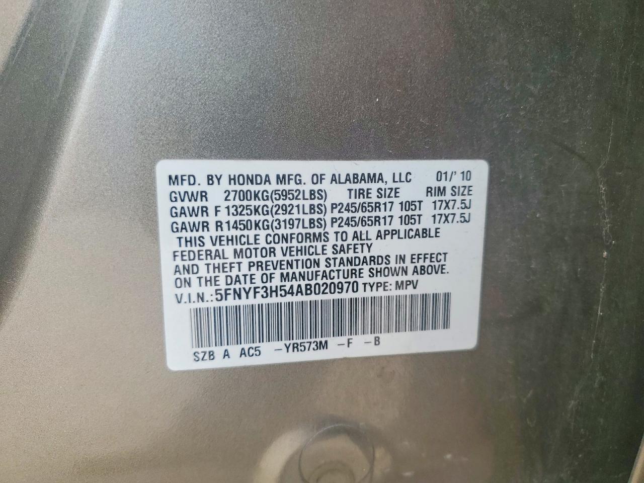 2010 Honda Pilot Exl Tan vin: 5FNYF3H54AB020970