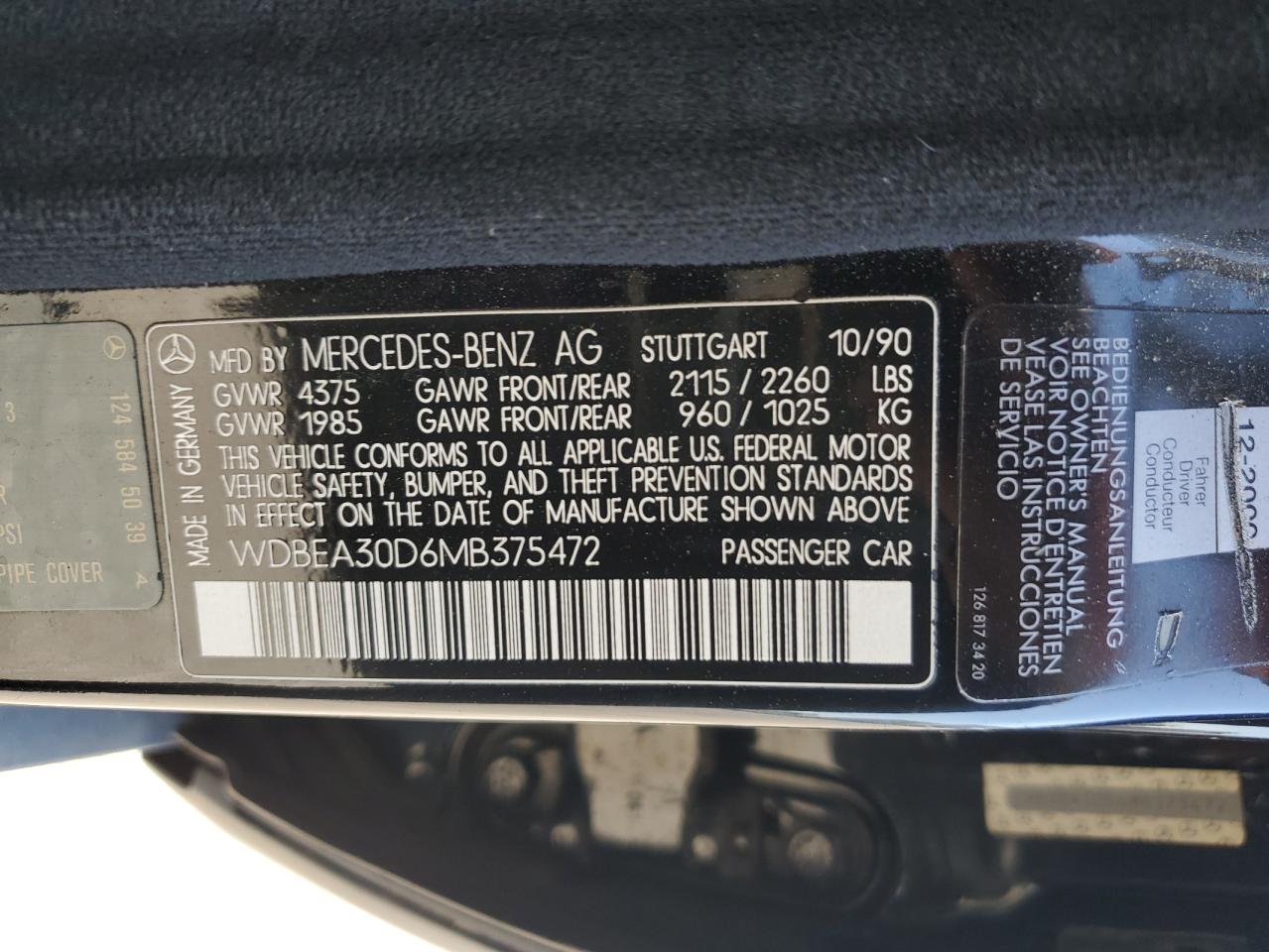 1991 Mercedes-benz 300 E Black vin: WDBEA30D6MB375472