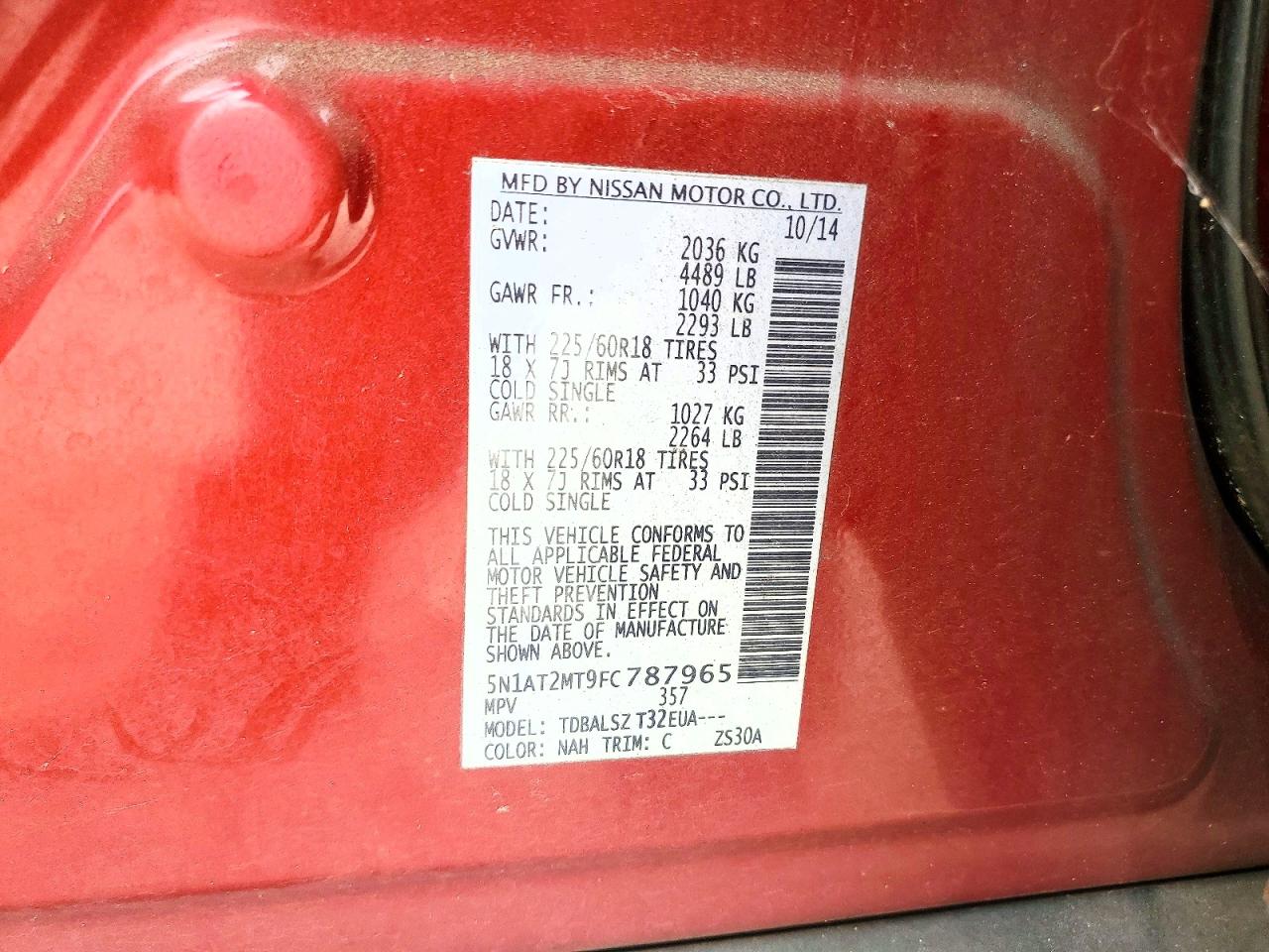 2015 Nissan Rogue Sl Red vin: 5N1AT2MT9FC787965