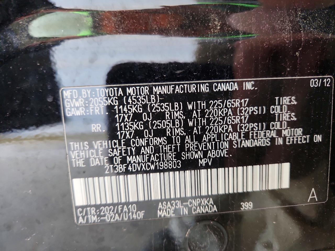 2012 Toyota Rav4 Base Black vin: 2T3BF4DVXCW198803