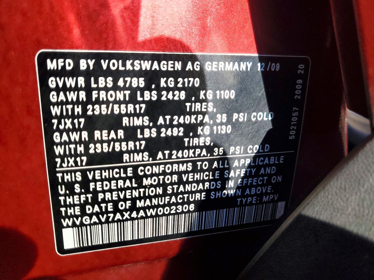 2010 Volkswagen Tiguan S Red vin: WVGAV7AX4AW002306