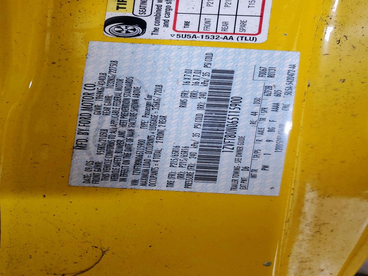 2006 Ford Mustang Желтый vin: 1ZVFT80N065115900