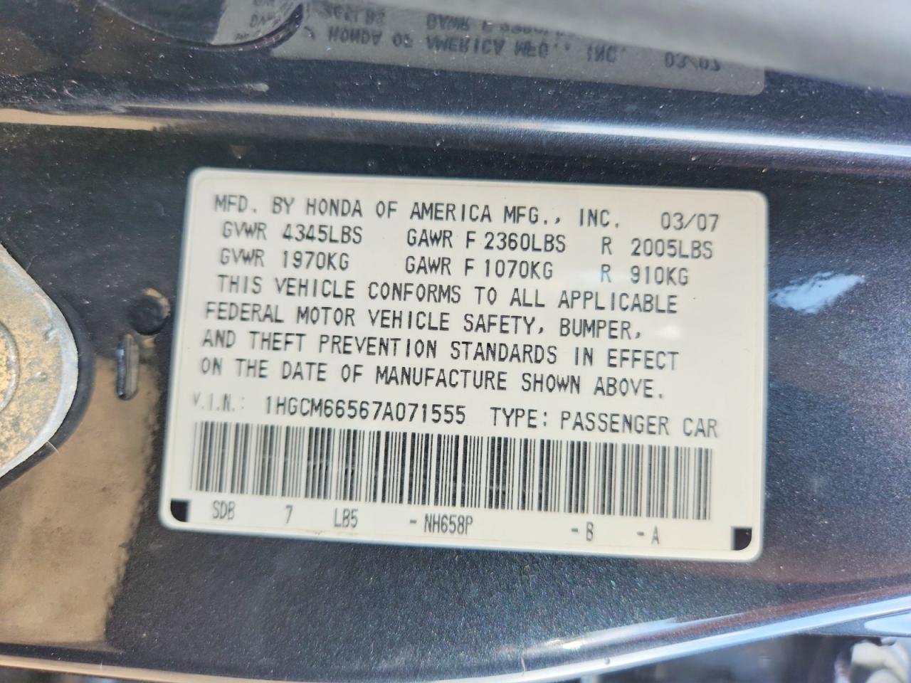 2007 Honda Accord Ex Gray vin: 1HGCM66567A071555