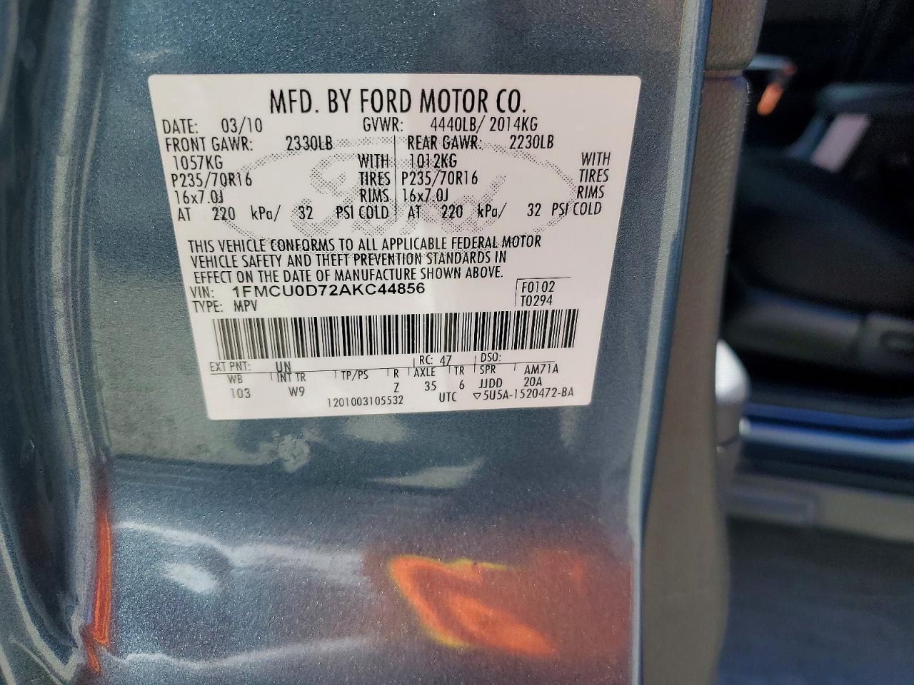 2010 Ford Escape Xlt Blue vin: 1FMCU0D72AKC44856