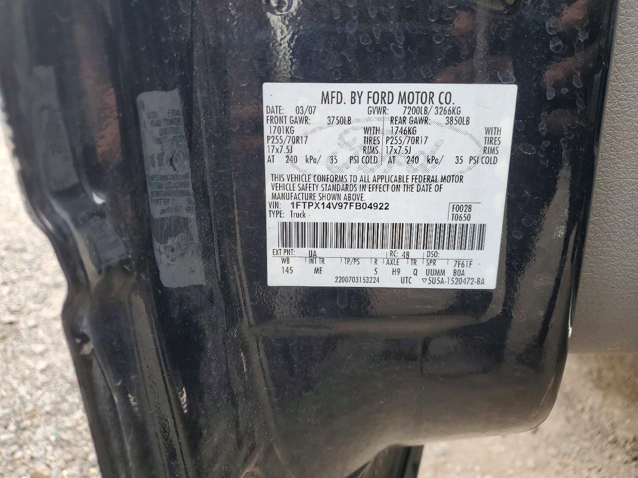 2007 Ford F150 Black vin: 1FTPX14V97FB04922