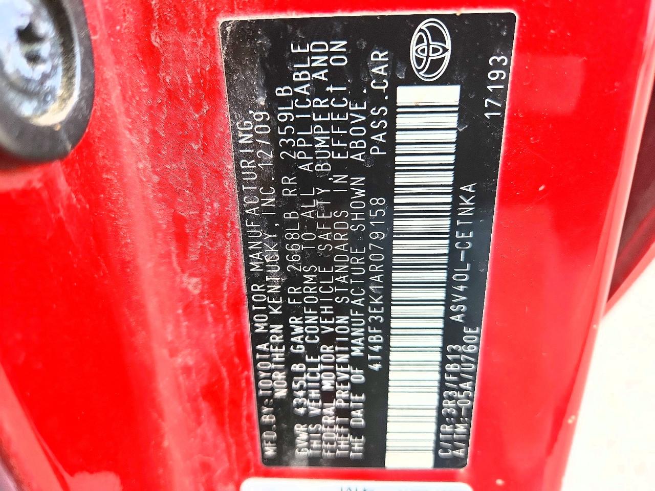 2010 Toyota Camry Le Red vin: 4T4BF3EK1AR079158