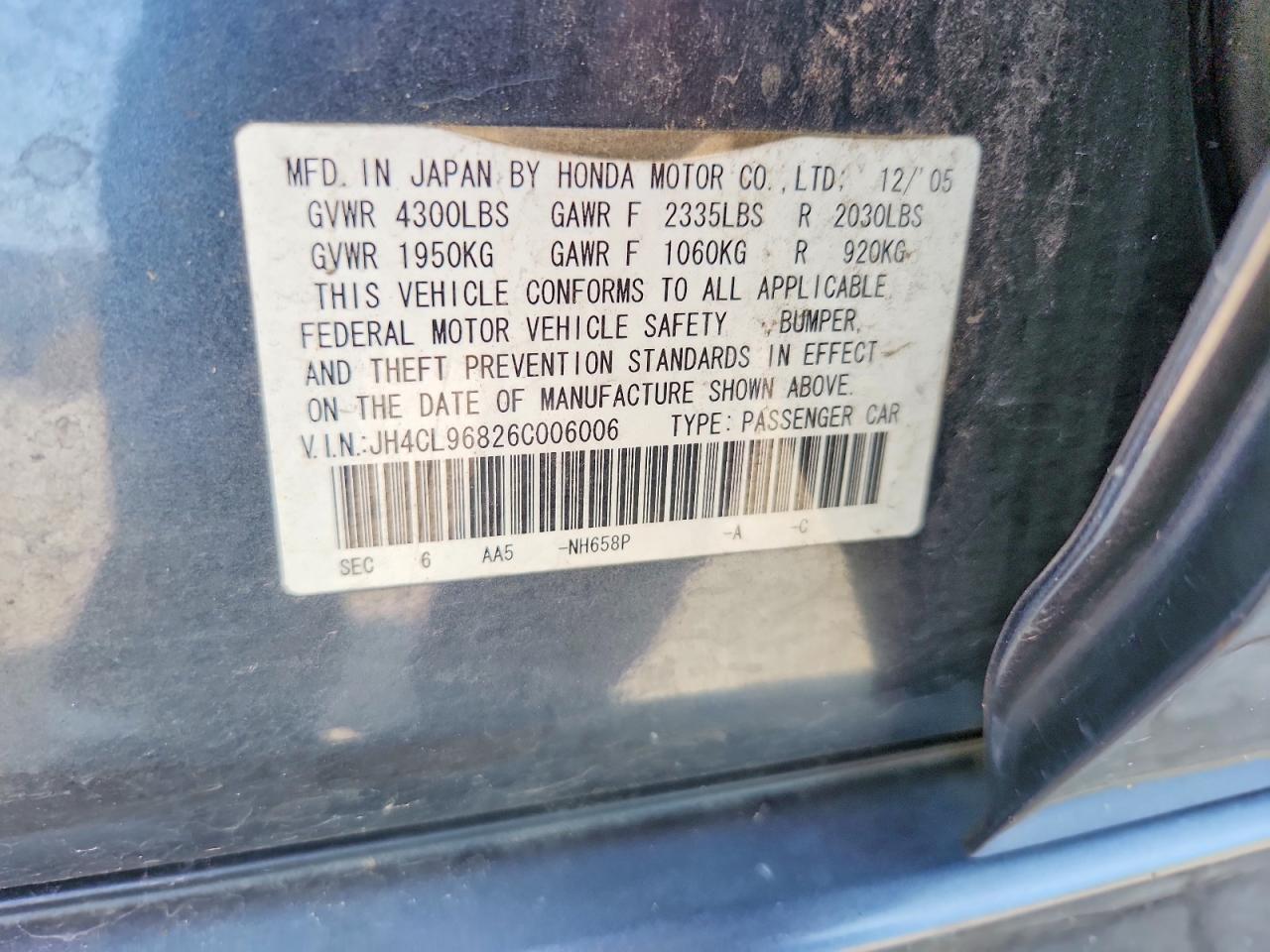 2006 Acura Tsx Gray vin: JH4CL96826C006006