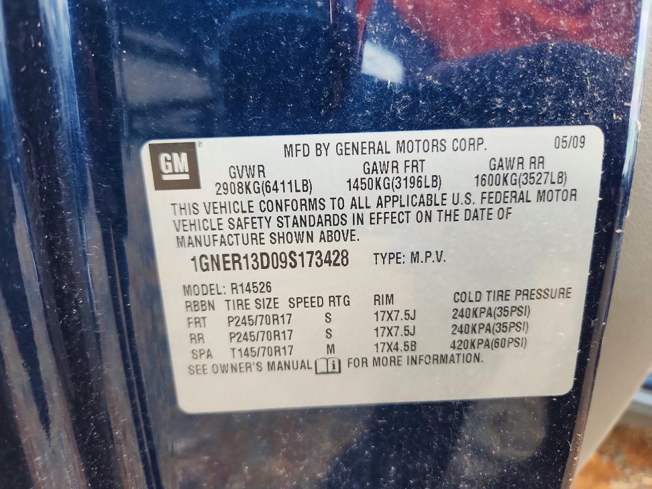 2009 Chevrolet Traverse Ls Blue vin: 1GNER13D09S173428