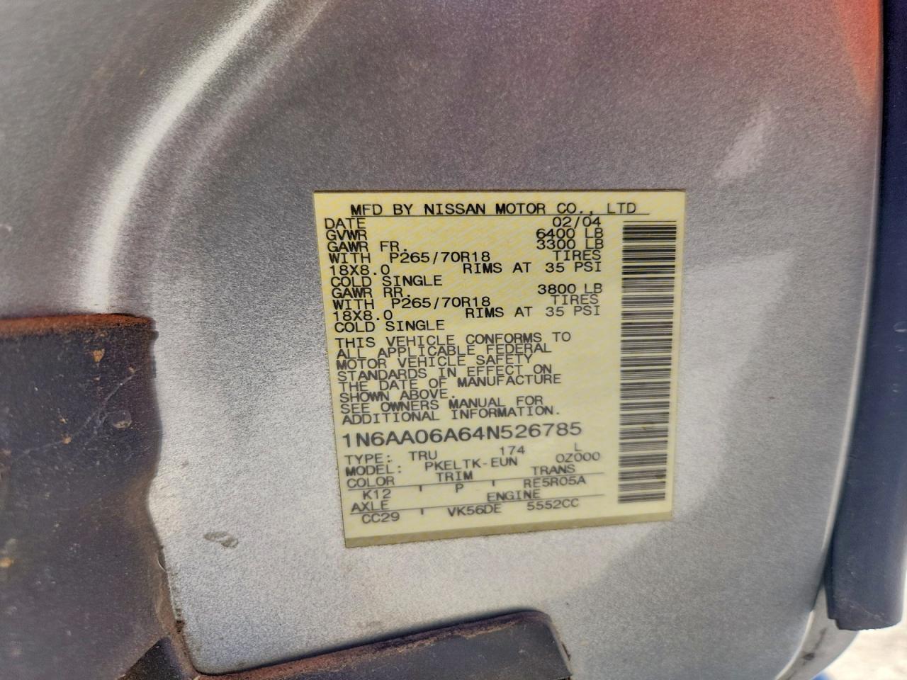 2004 Nissan Titan Xe Silver vin: 1N6AA06A64N526785