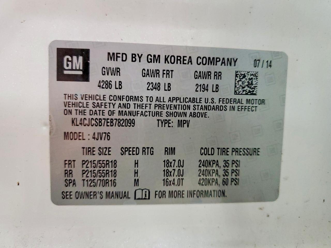 2014 Buick Encore White vin: KL4CJCSB7EB782099