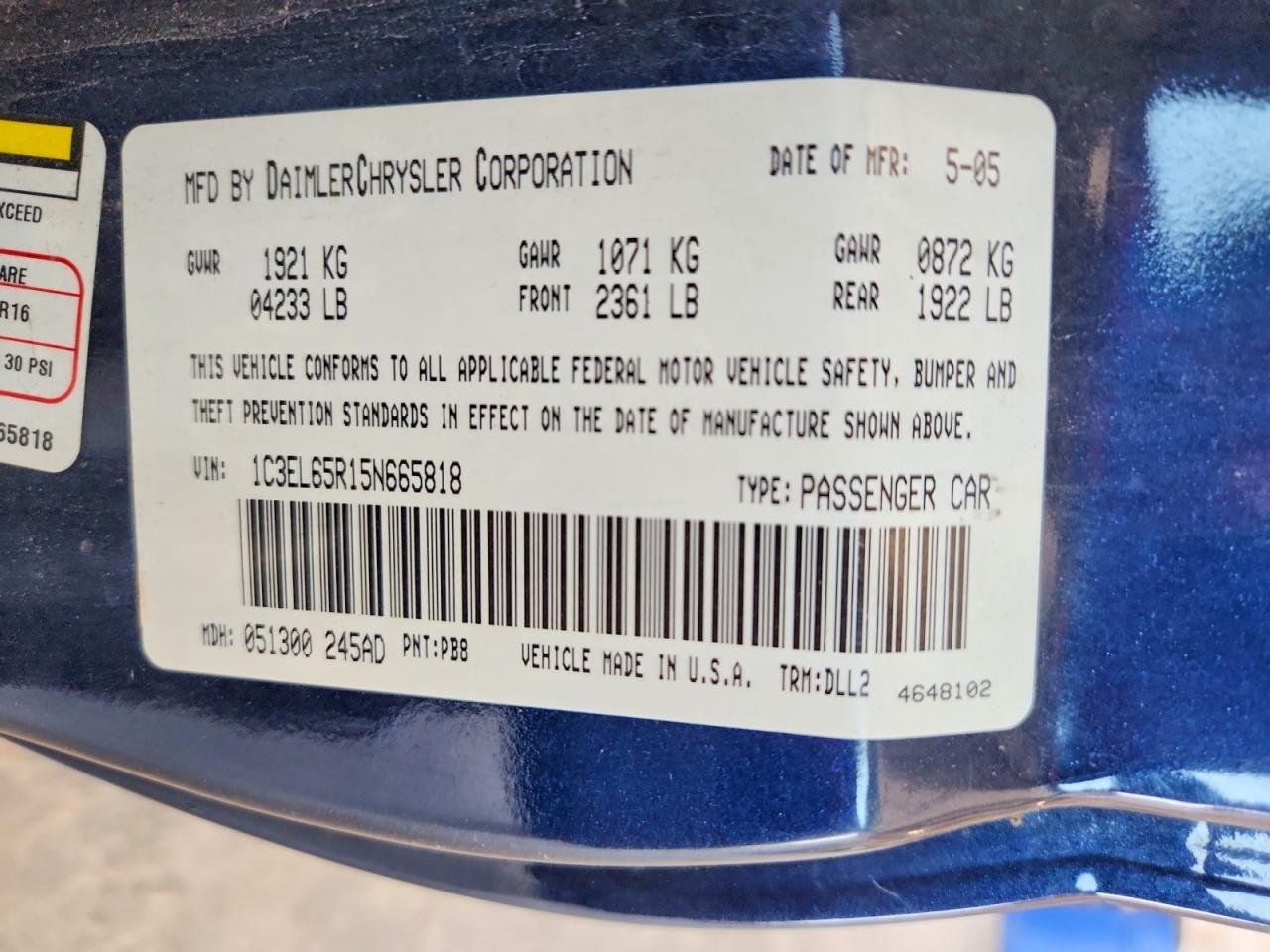 2005 Chrysler Sebring Limited Blue vin: 1C3EL65R15N665818