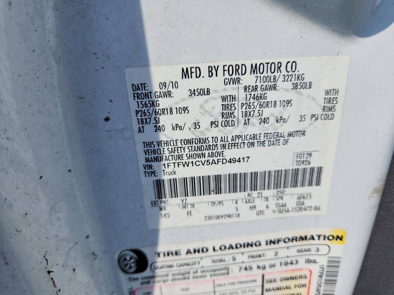 2010 Ford F150 Supercrew White vin: 1FTFW1CV5AFD49417