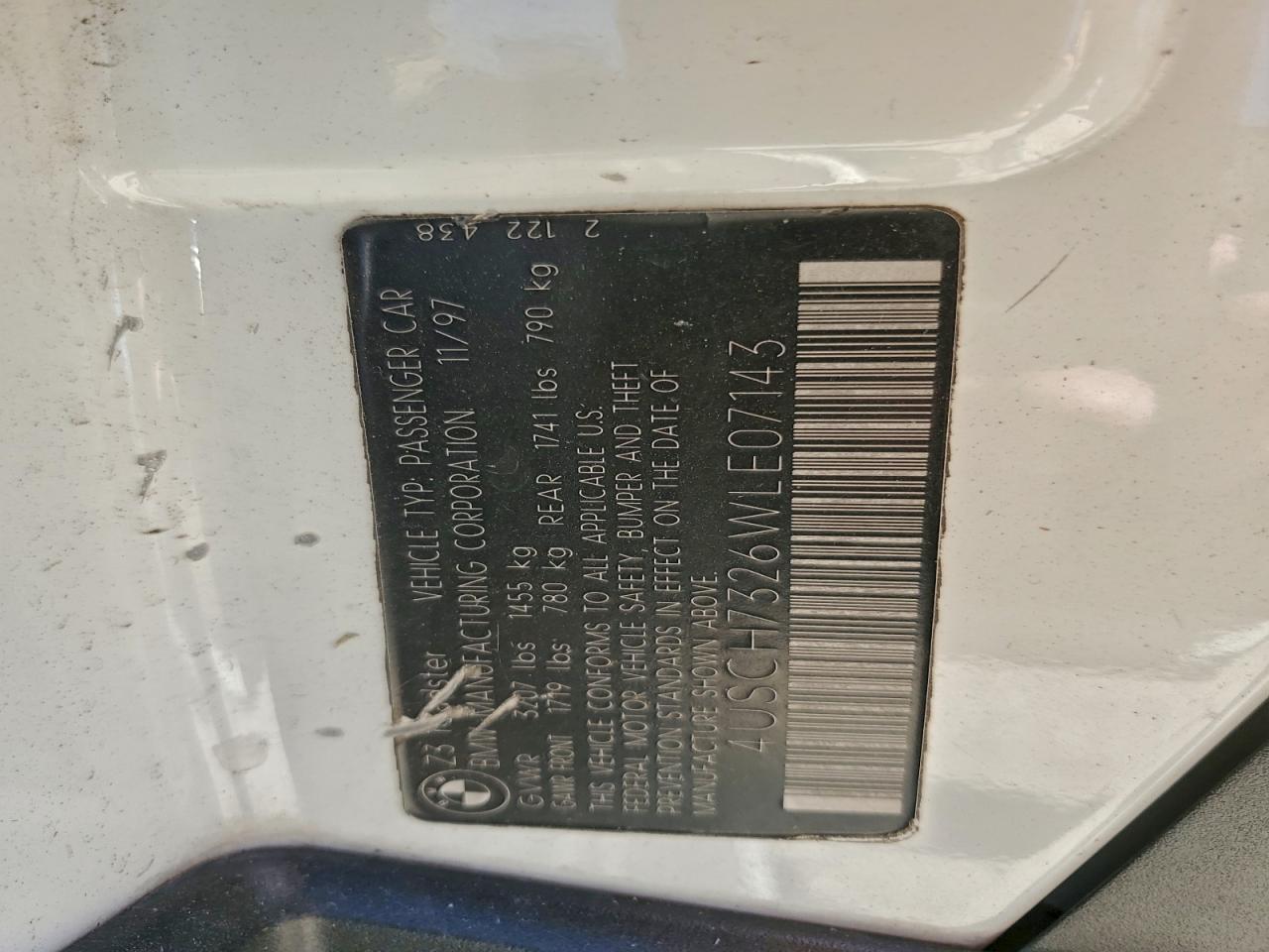 1998 Bmw Z3 1.9 White vin: 4USCH7326WLE07143