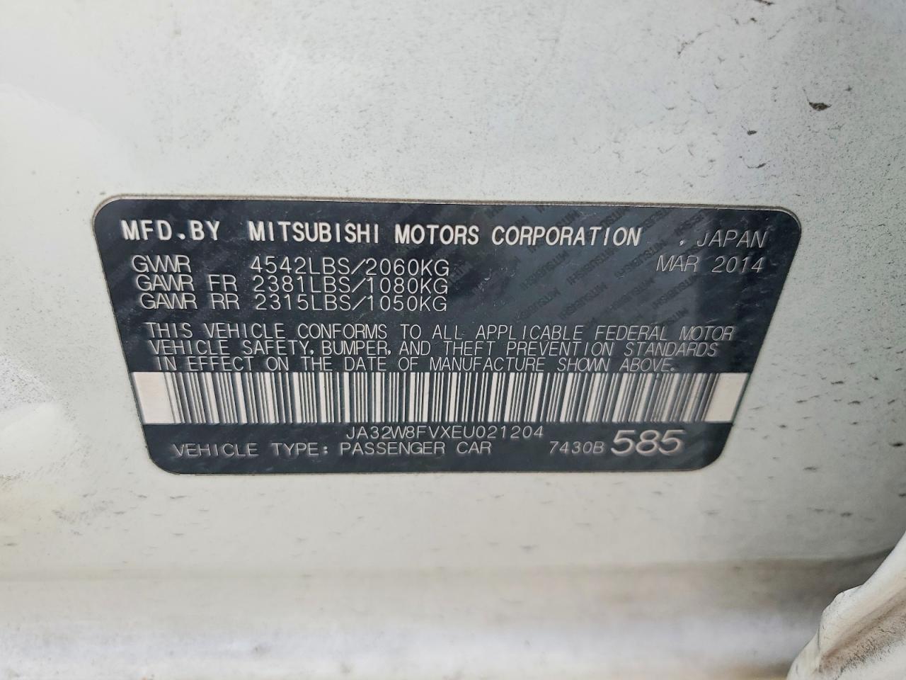 2014 Mitsubishi Lancer Evolution Gsr White vin: JA32W8FVXEU021204