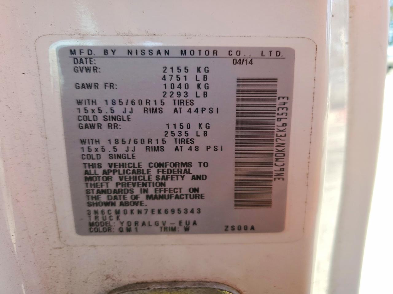 2014 Nissan Nv200 2.5s White vin: 3N6CM0KN7EK695343