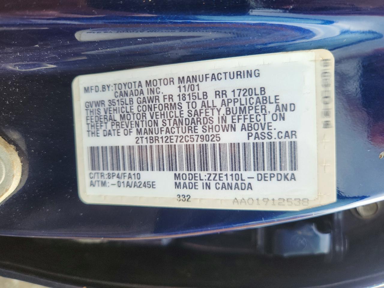 2002 Toyota Corolla Le Blue vin: 2T1BR12E72C579025