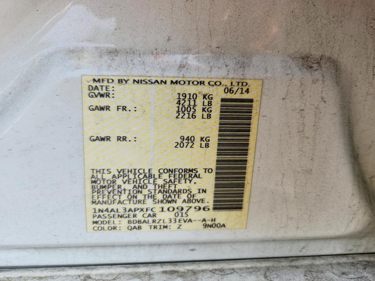 2015 Nissan Altima 2.5 Sl White vin: 1N4AL3APXFC109796