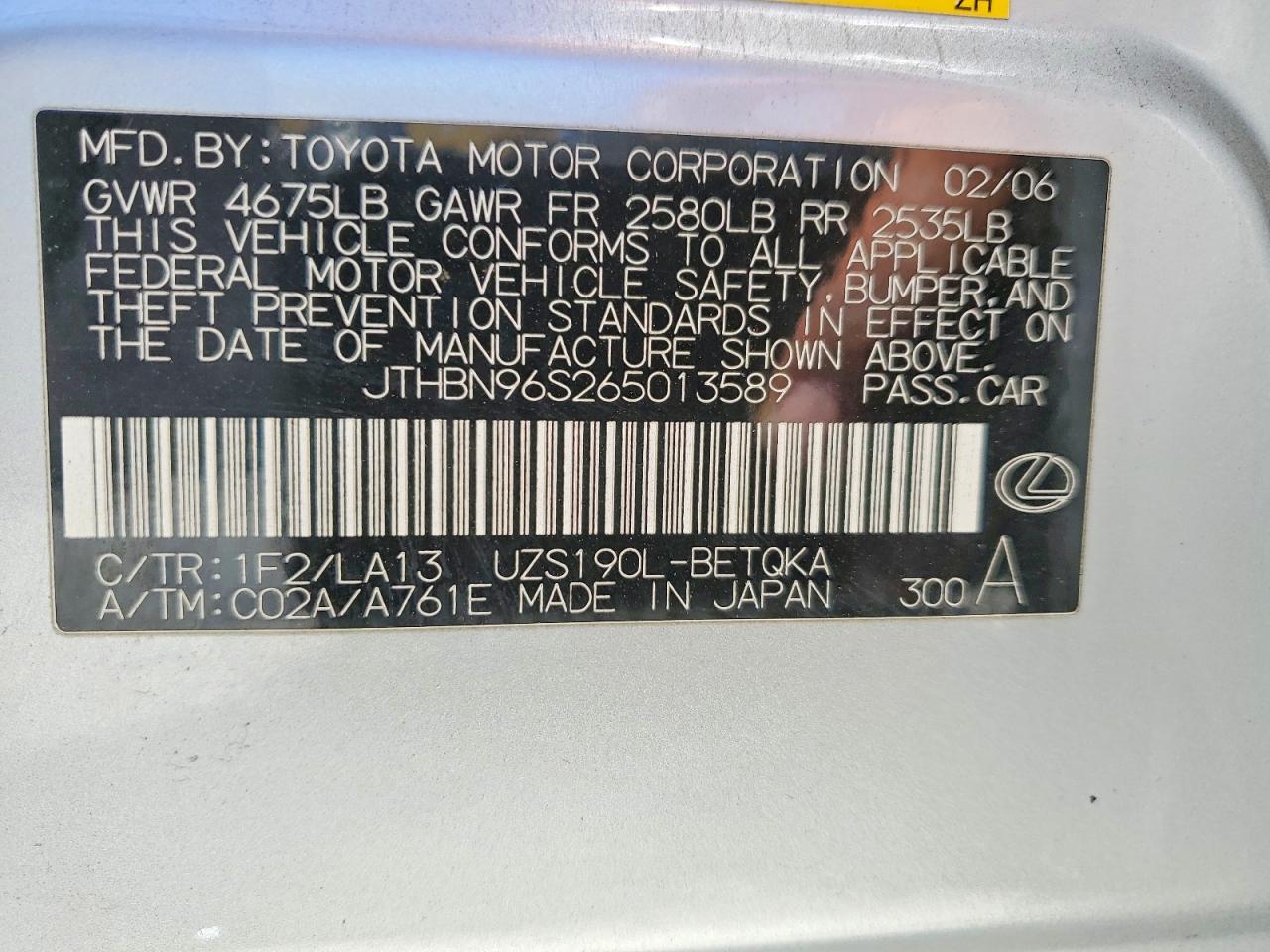 2006 Lexus Gs 430 Silver vin: JTHBN96S265013589