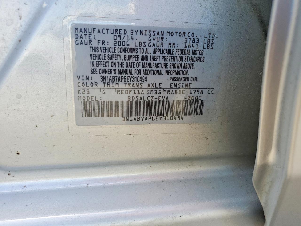 2014 Nissan Sentra S Silver vin: 3N1AB7AP6EY310494
