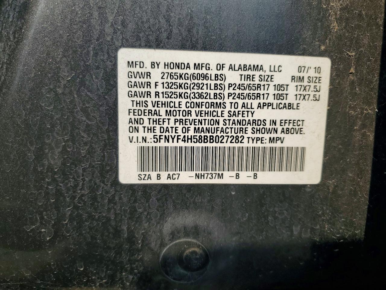 2011 Honda Pilot Exl Gray vin: 5FNYF4H58BB027282