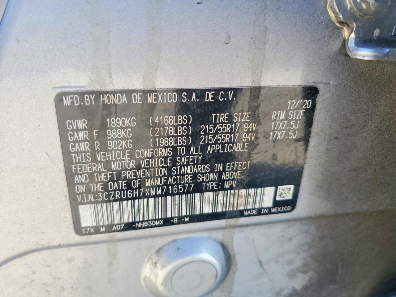 2021 Honda Hr-v Exl Silver vin: 3CZRU6H7XMM716577
