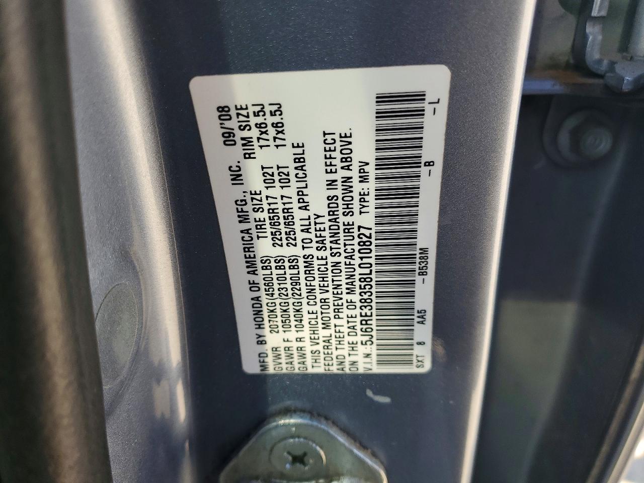 2008 Honda Cr-v Lx Blue vin: 5J6RE38358L010827