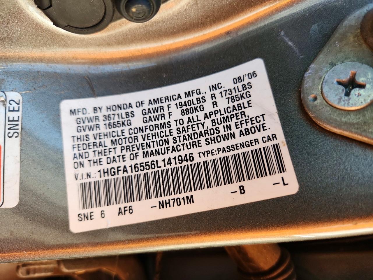 2006 Honda Civic Lx Gray vin: 1HGFA16556L141946