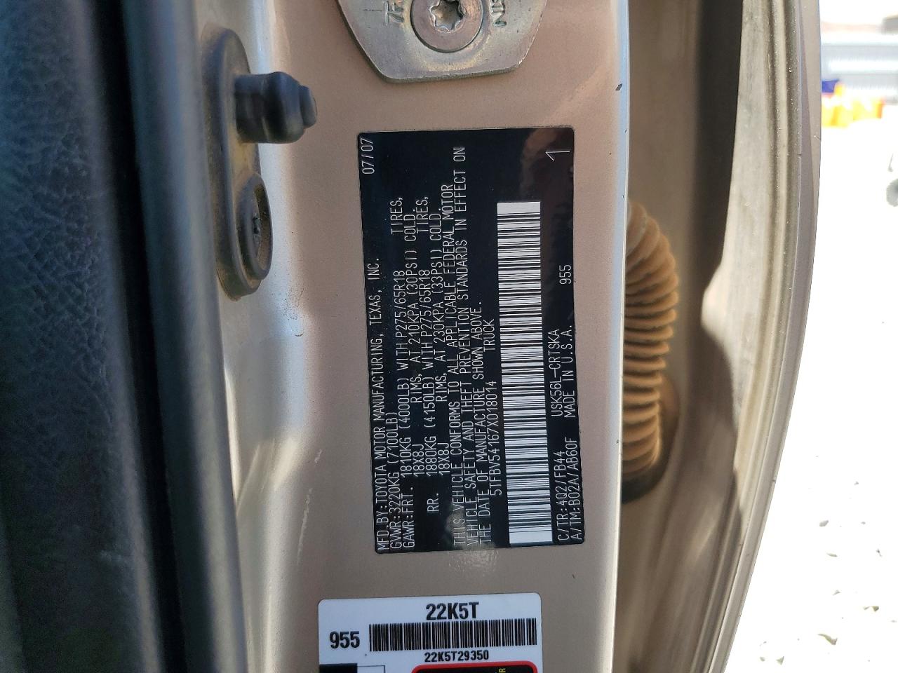 2007 Toyota Tundra Sr5 Tan vin: 5TFBV54167X018014