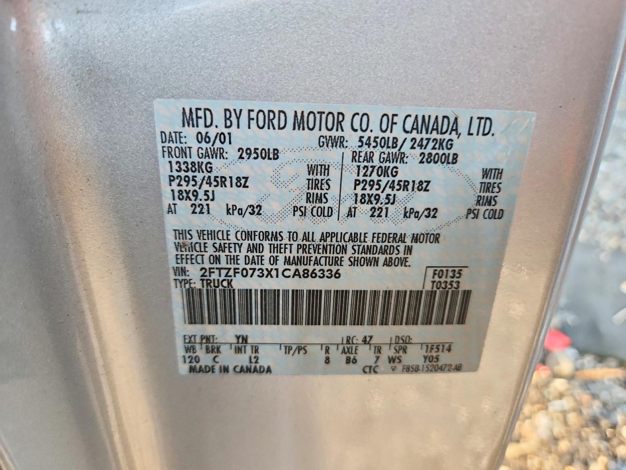 2001 Ford F150 Svt Lightning Silver vin: 2FTZF073X1CA86336