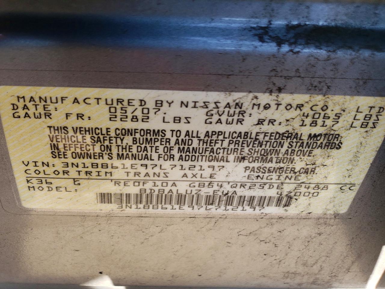 2007 Nissan Sentra Se-r Silver vin: 3N1BB61E97L712197