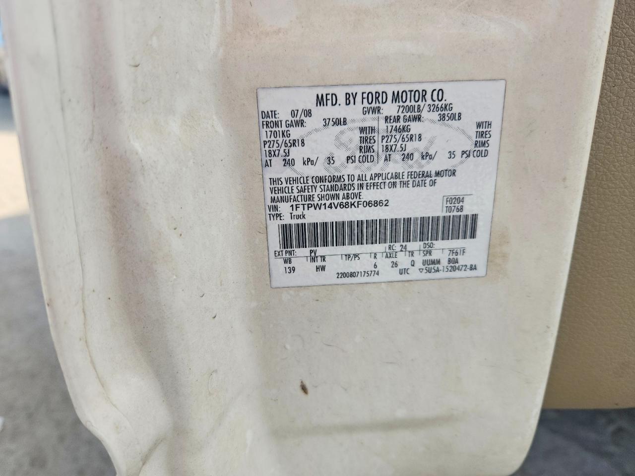 2008 Ford F150 Supercrew White vin: 1FTPW14V68KF06862