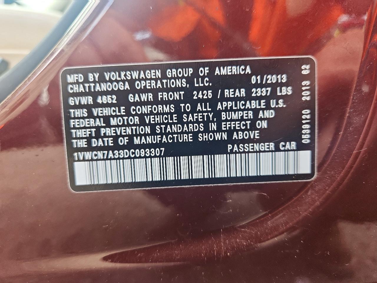 2013 Volkswagen Passat Sel Burgundy vin: 1VWCN7A33DC093307
